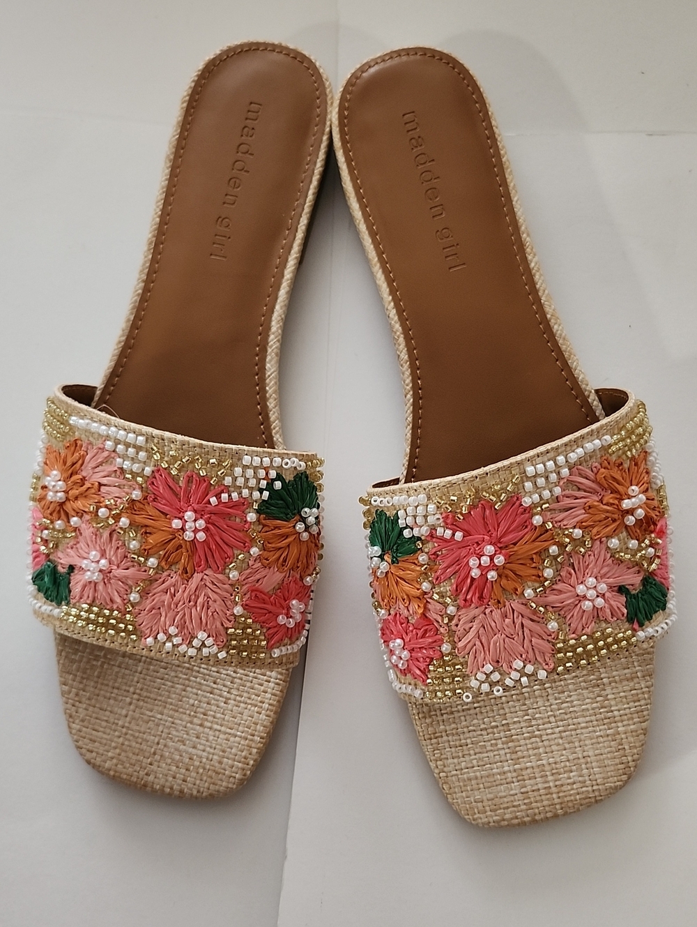 Madden Girl Pink & Peach Embroidered Floral Slide Mule